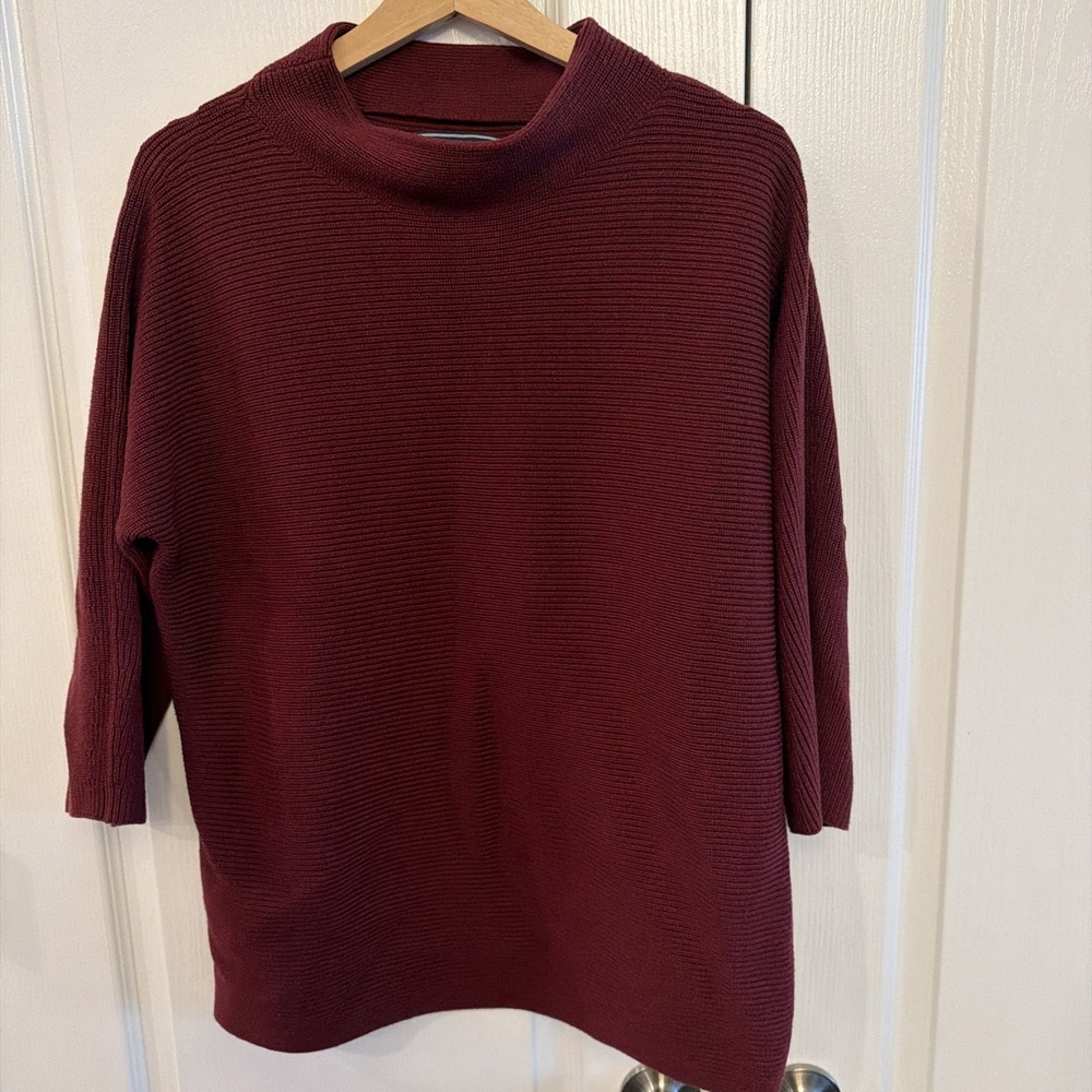 Lands' End Women's Mock Neck Knit Sweater - Size L (14-16) Red Maroon 3/4 sleeve